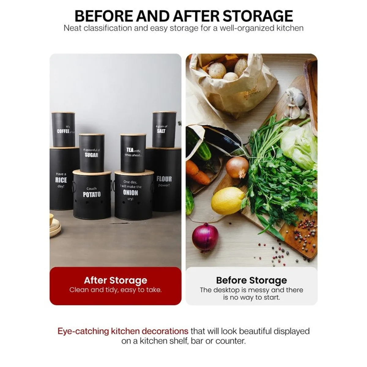 Black storage containers displayed beside fresh kitchen ingredients in a before-and-after scene.