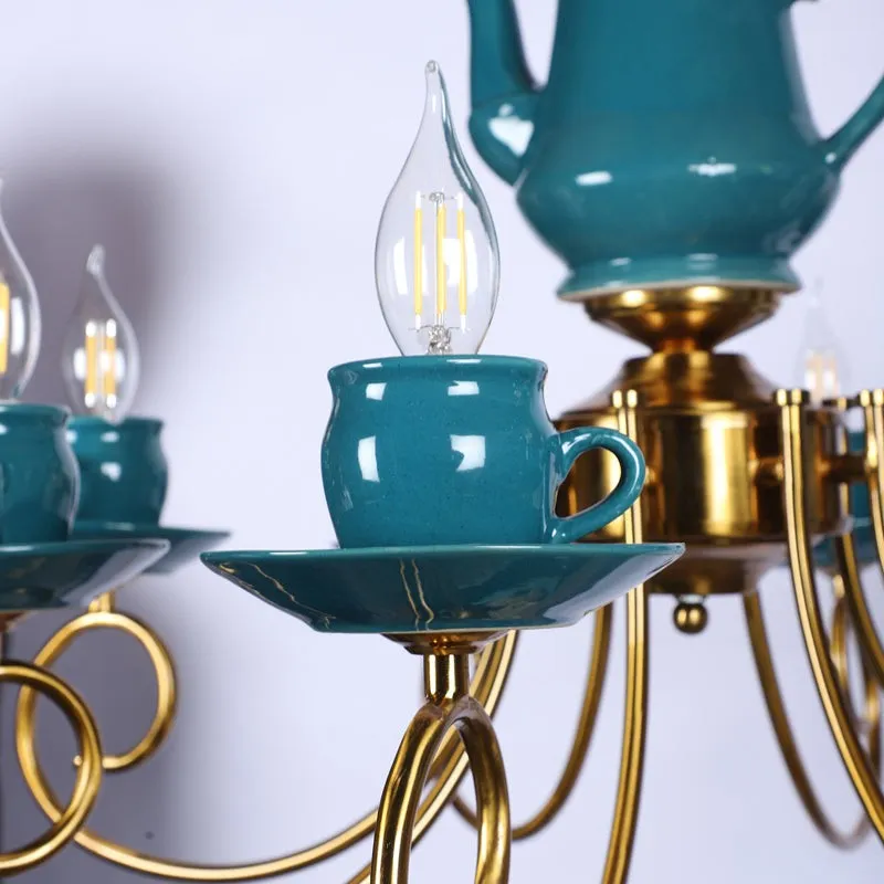 Artistic Teapot Iron Chandelier - Blue & Gold media 7