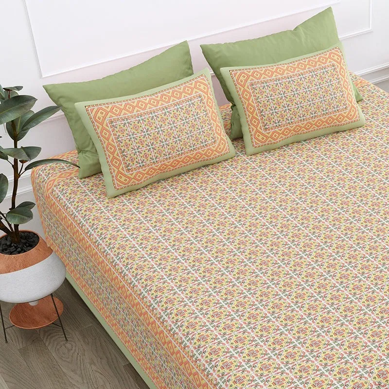 Aavni Cotton Bedsheet (Soft Green, Orange) - 180 TC media 4