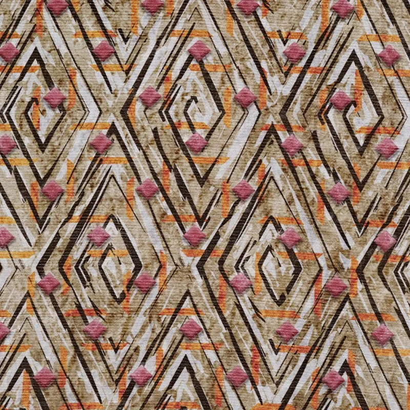 Close-up of the carpet's multicolour geometric pattern