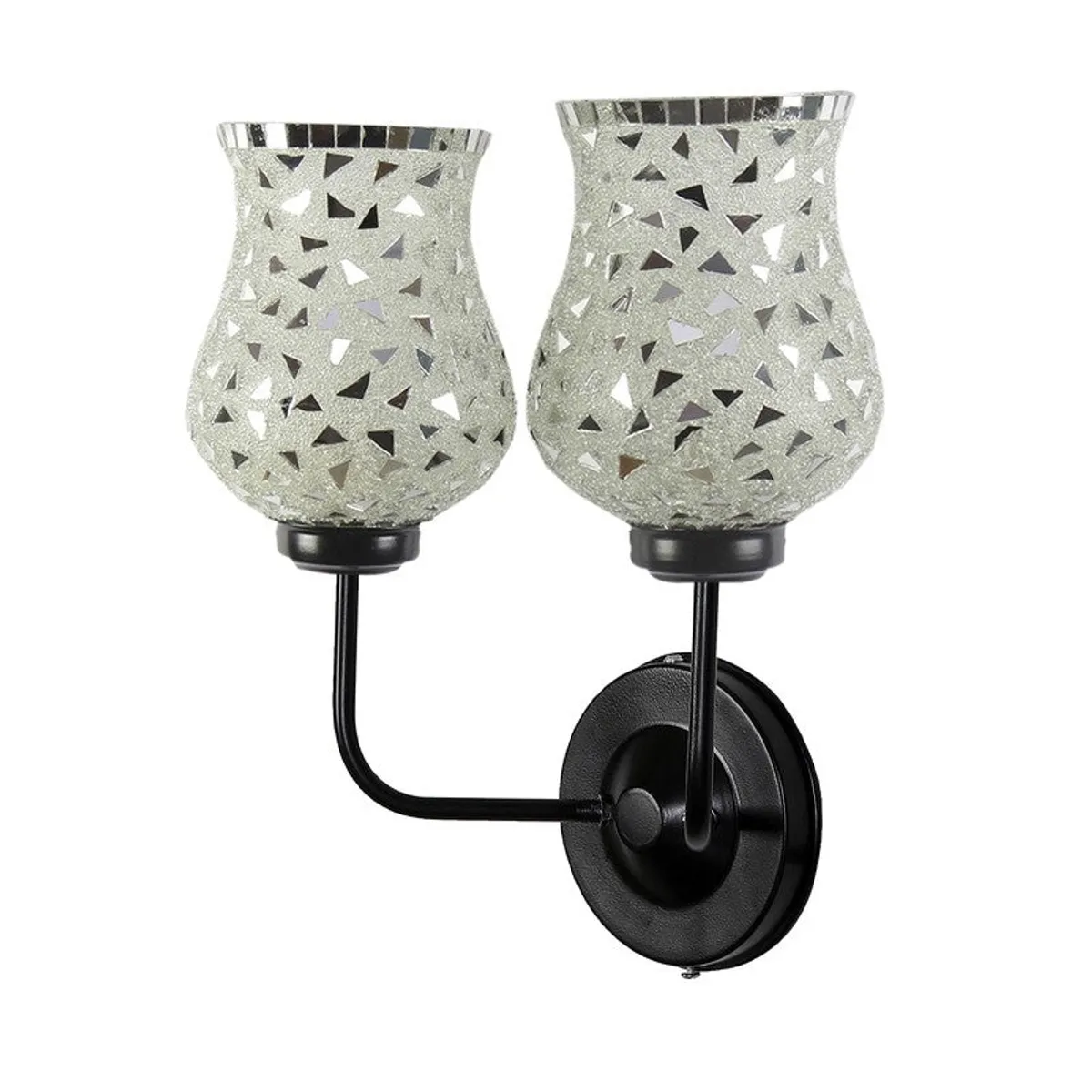 Angled view of twin silver mosaic glass wall lamp with black iron base