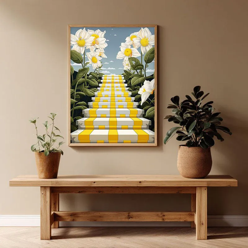 Stairway Of Flowers Wall Art - Natural Brown Frame media 1