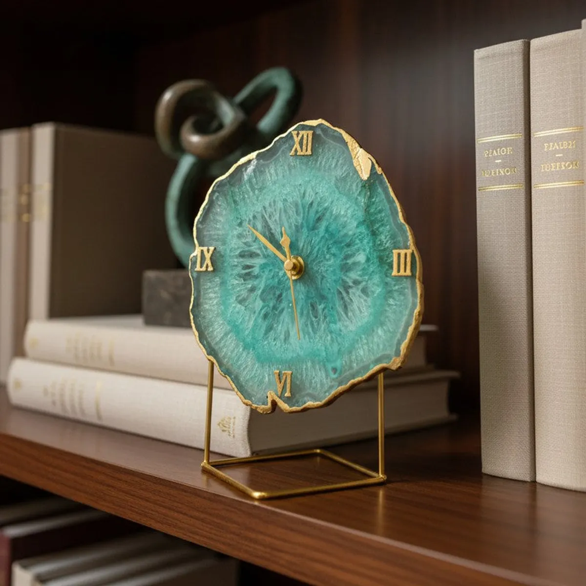Green agate table clock displayed on a bookshelf with books