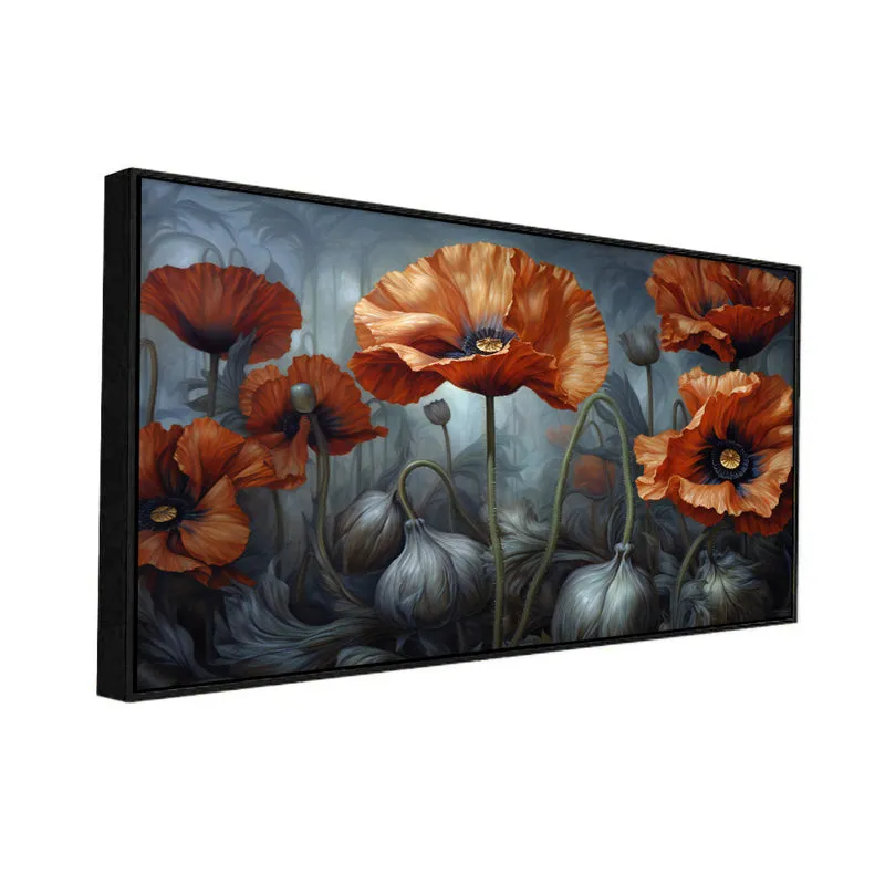 Gloomy Rust Poppies Floral Canvas Wall Painting With Frame - Black media 4