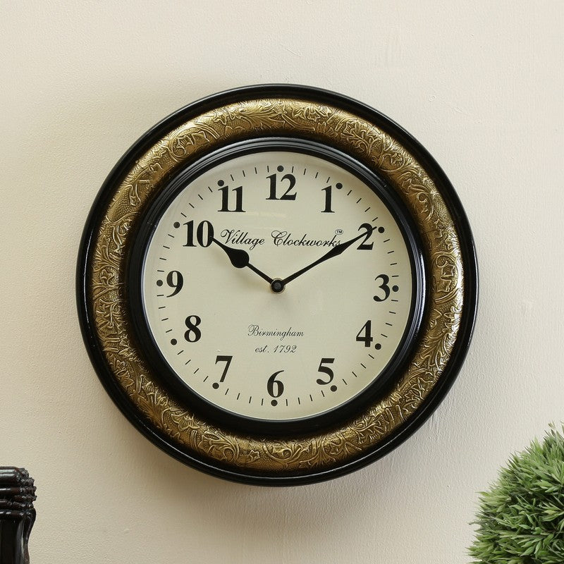 Brass Accent Round Design Wood Wall Clock