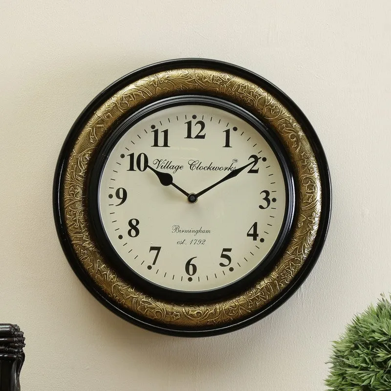 Brass Accent Round Design Wood Wall Clock media 1