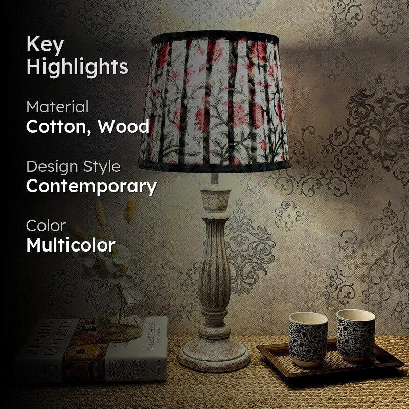 Floral Vine Wooden Base Cotton Table Lamp - Multicolor media 2