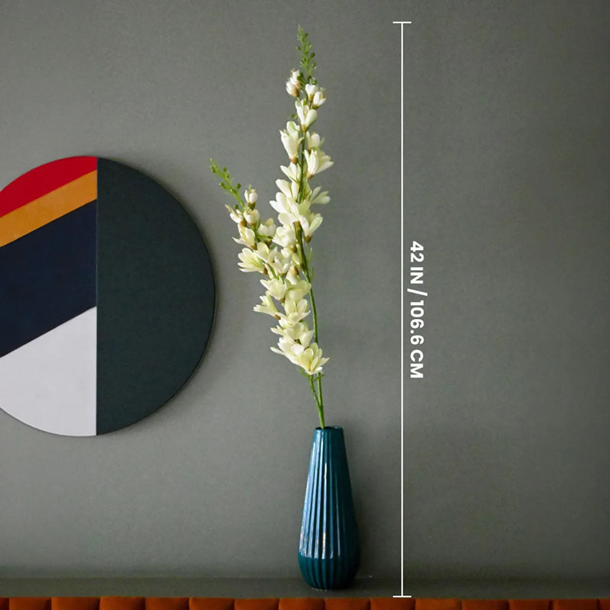 Tall white artificial flower stick shown beside a height measurement