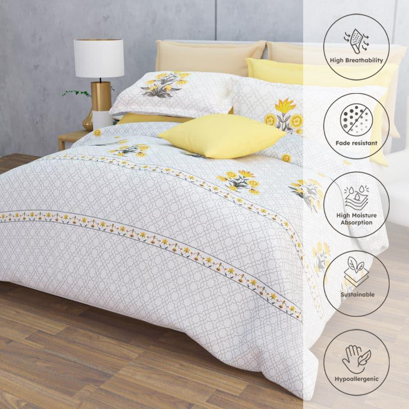 Neja Ethnic Floral Cotton Bedsheet (White,Yellow) - 210 TC media 3