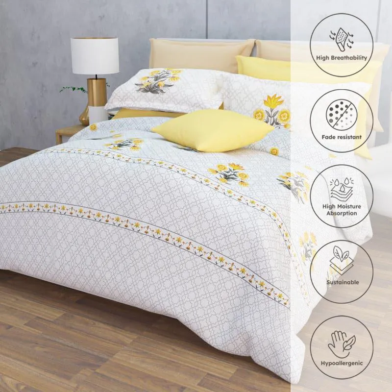 Neja Ethnic Floral Cotton Bedsheet (White,Yellow) - 210 TC media 3