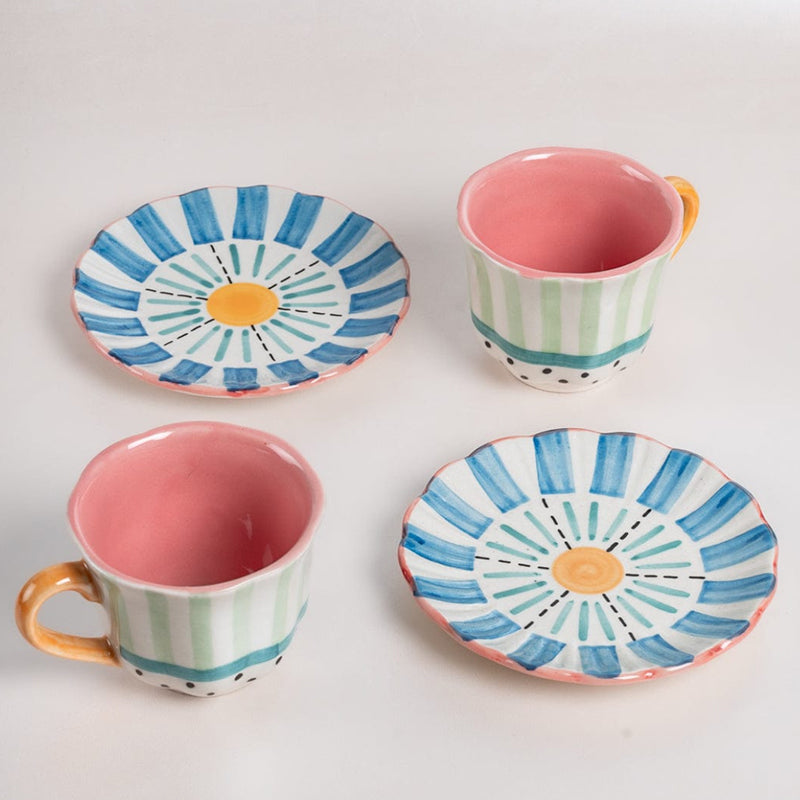 Fleur Bleu Handpainted Ceramic Tea Cup & Saucer (240 mL Each)- Set of Two