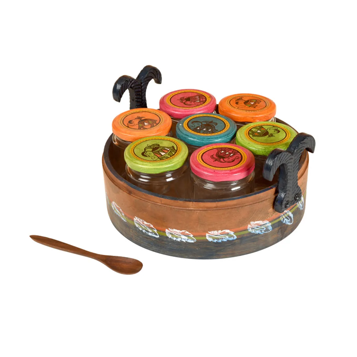 Nine-piece condiment set with colourful character lids in a decorated wooden bowl