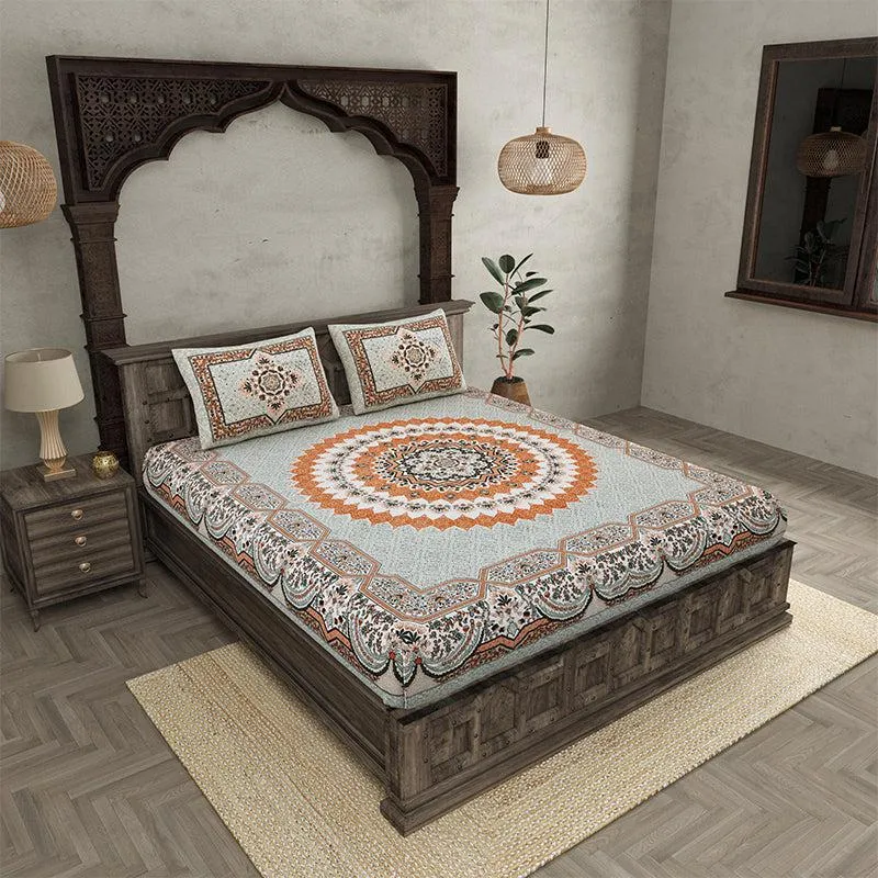Chaital Ethnic Cotton Bedsheet (Grey,Brown) - 240 TC media 1