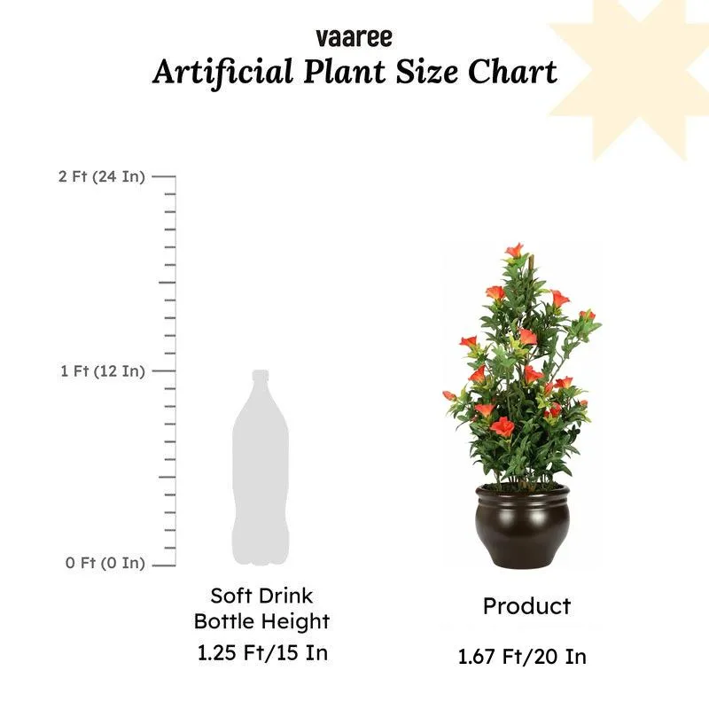 Faux flowering bonsai in a brown pot beside a soft drink bottle for scale