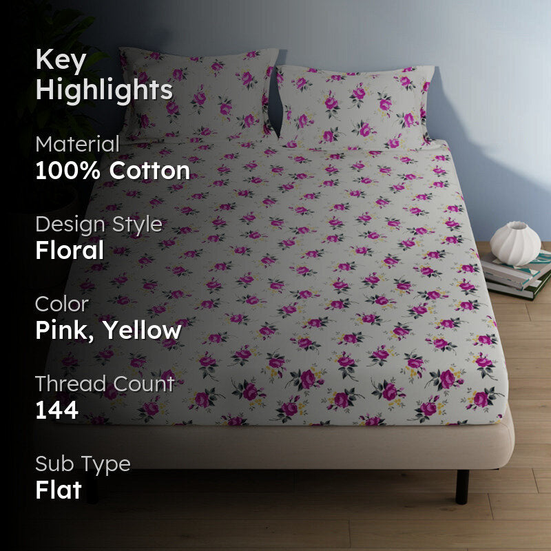 Serina Flora Cotton Bedsheet (Dark Pink) - 144 TC media 2