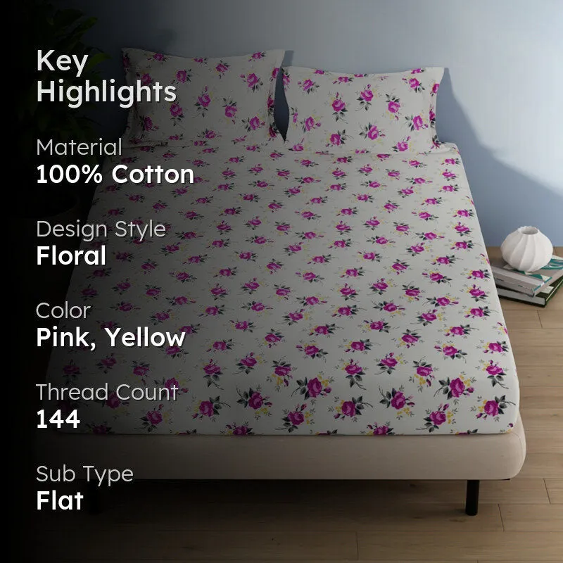 Serina Flora Cotton Bedsheet (Dark Pink) - 144 TC media 2