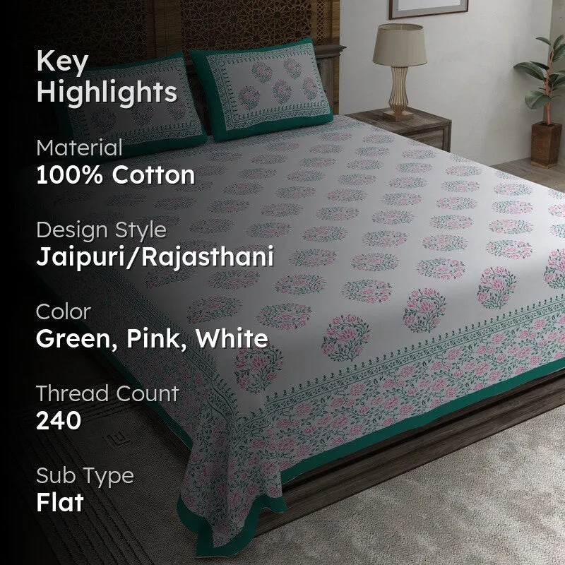 Vinera Cotton Bedsheet (Green,Pink,White) - 240 TC media 2