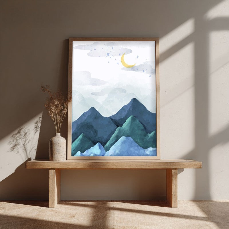 Crescent Blue Peaks Archival Paper Wall Art - Natural Brown Frame