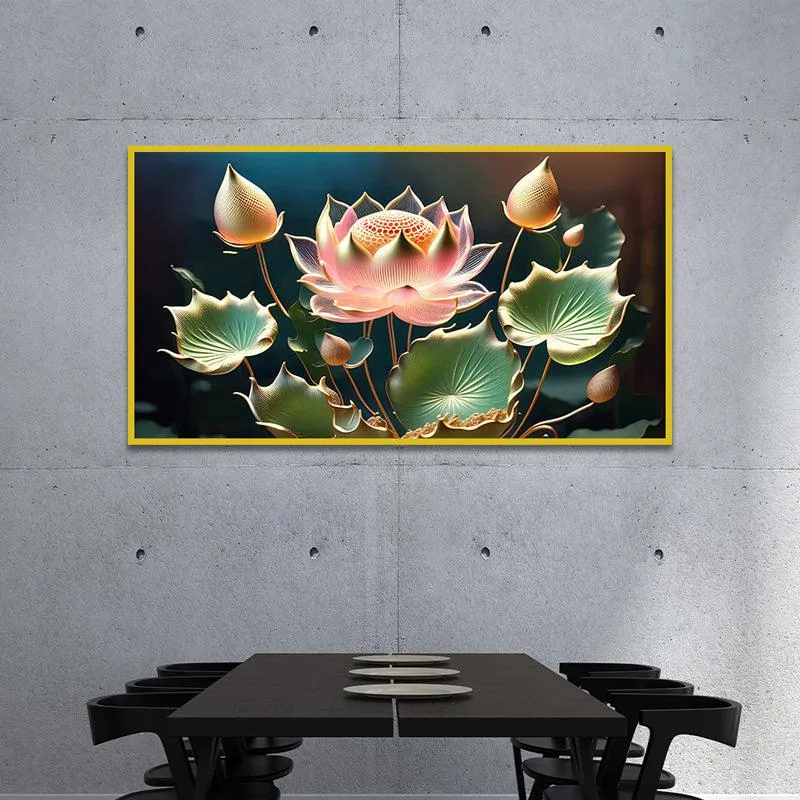 Lotus Of Light Floral Canvas Wall Painting With Frame - Gold media 6