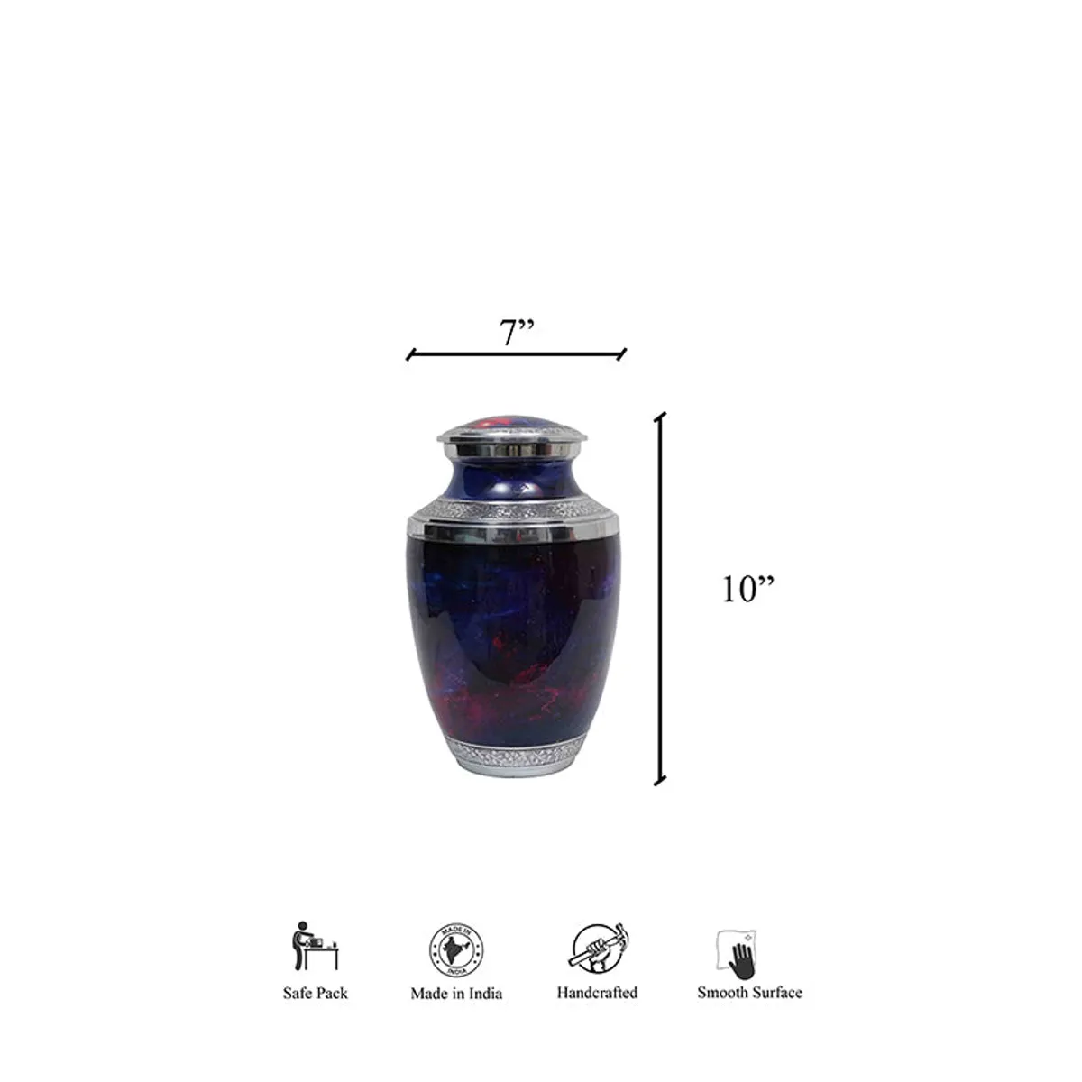 Blue urn vase with lid shown with dimension markings