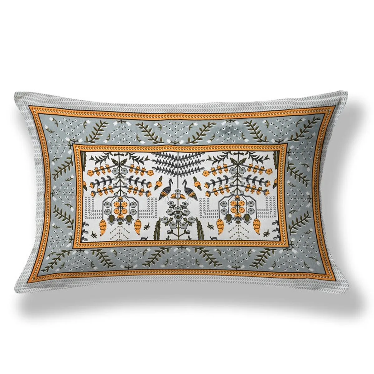Matching pillow cover with floral and bird motif in blue and yellow