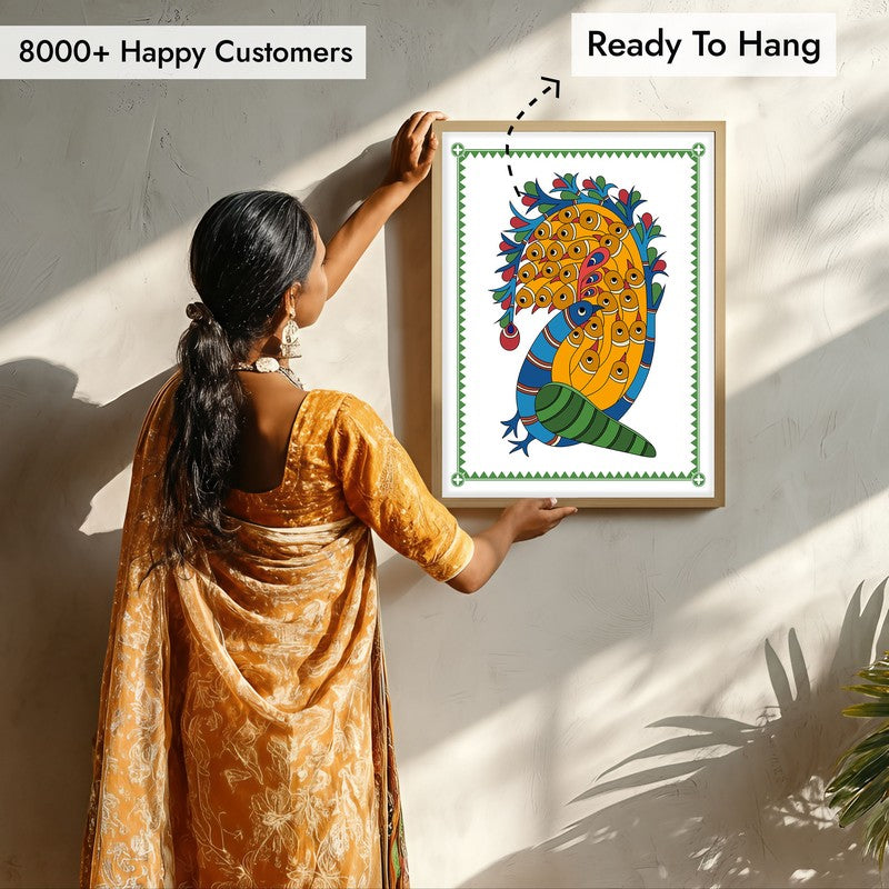 Royal Peacock Framed Madhubhani Canvas Archival Canvas Wall Painting - Natural Brown Frame media 8