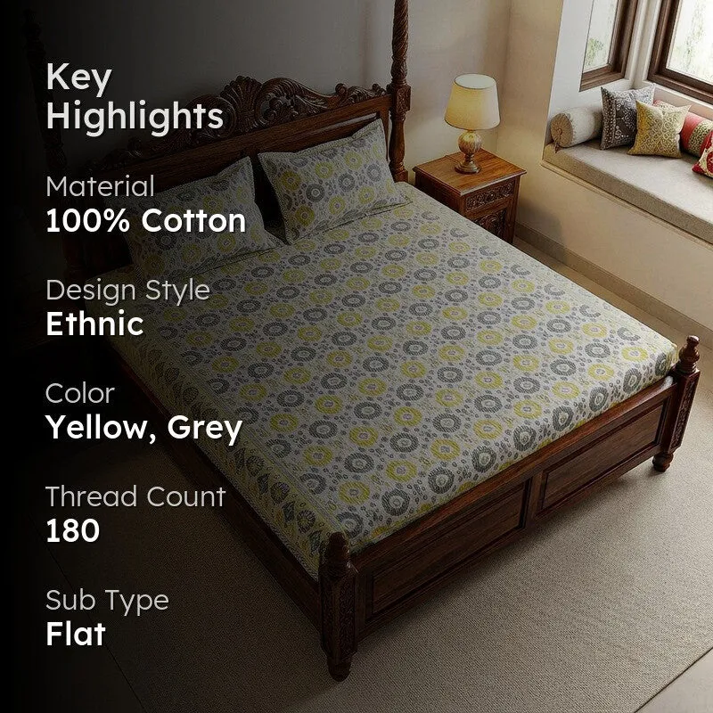 Sienna Ethnic Cotton Bedsheet (Yellow) - 180 TC media 2