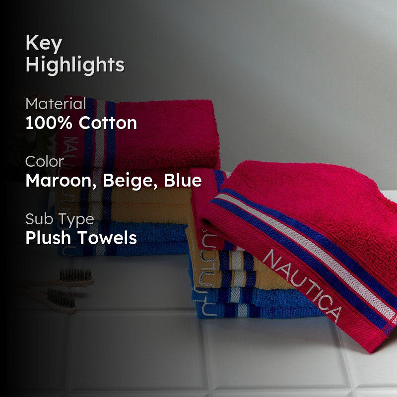Nautica Dove Down Cotton Face Towel (Beige, Burgundy & Blue) - Set Of Twelve media 2