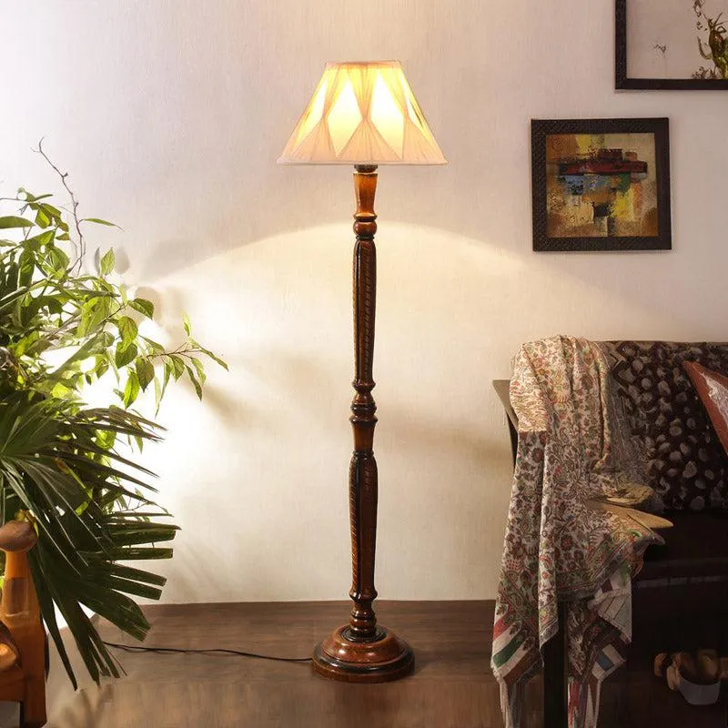 Hima Vintage Wooden Floor Lamp With Pleated Shade - Off-White media 1