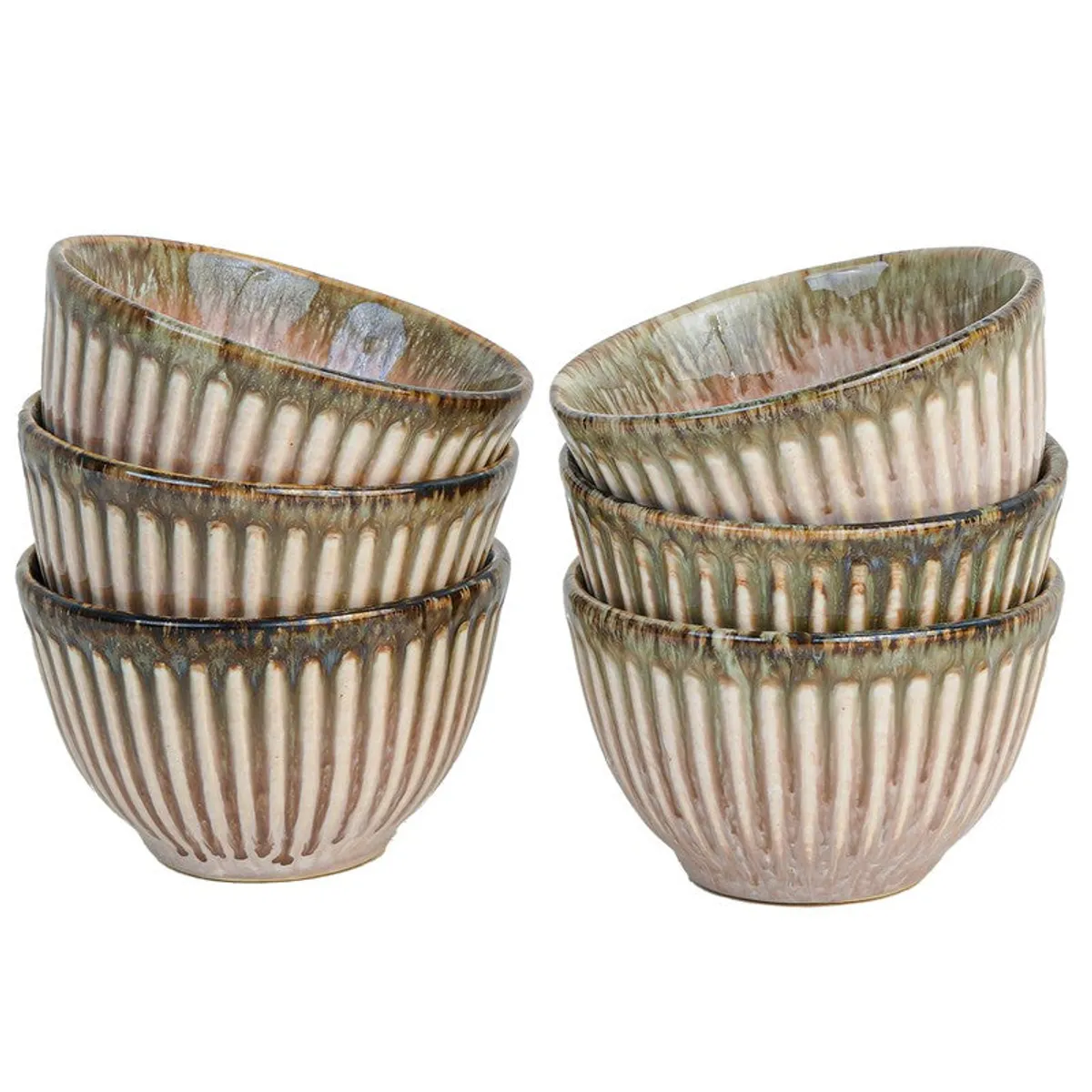Six ribbed ceramic bowls in soft pink and earthy tones shown against a white background.