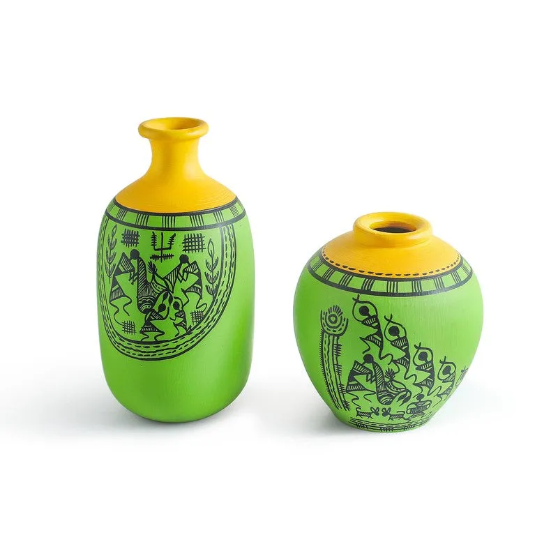 Warli Tales Vases - Set of Two (Green,Yelow) media 3