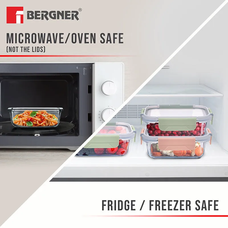 Glass tiffin box shown for microwave and freezer storage with a green lid