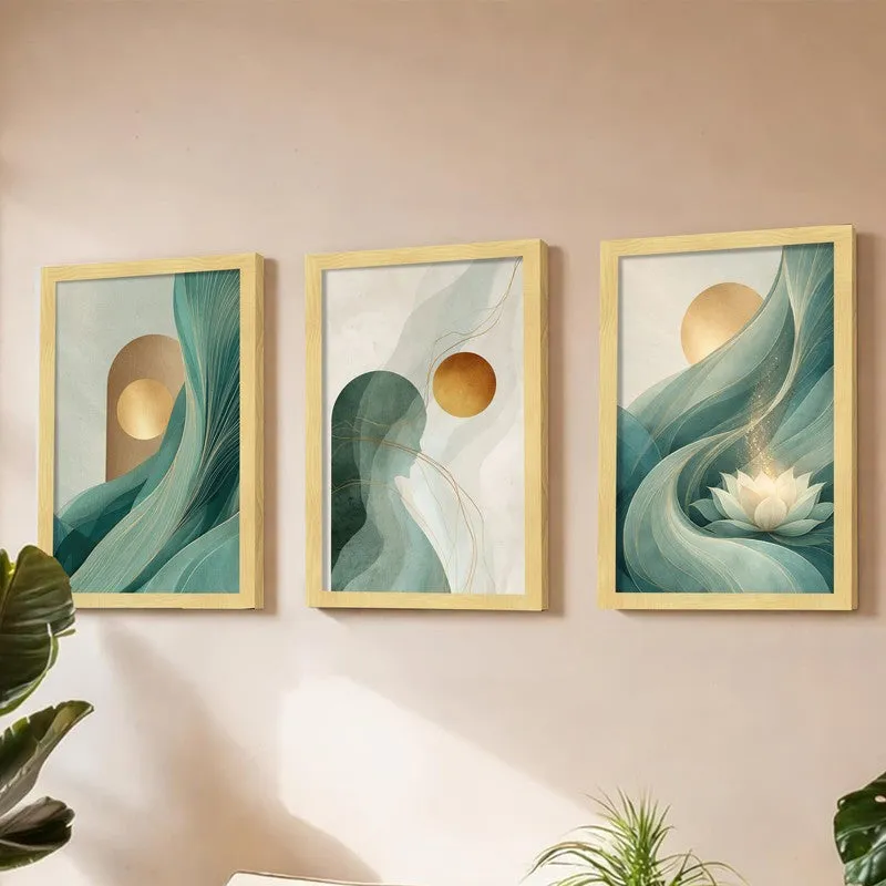 Teal & Terrene Paper Wall Painting With Frame - Set Of Three media 3