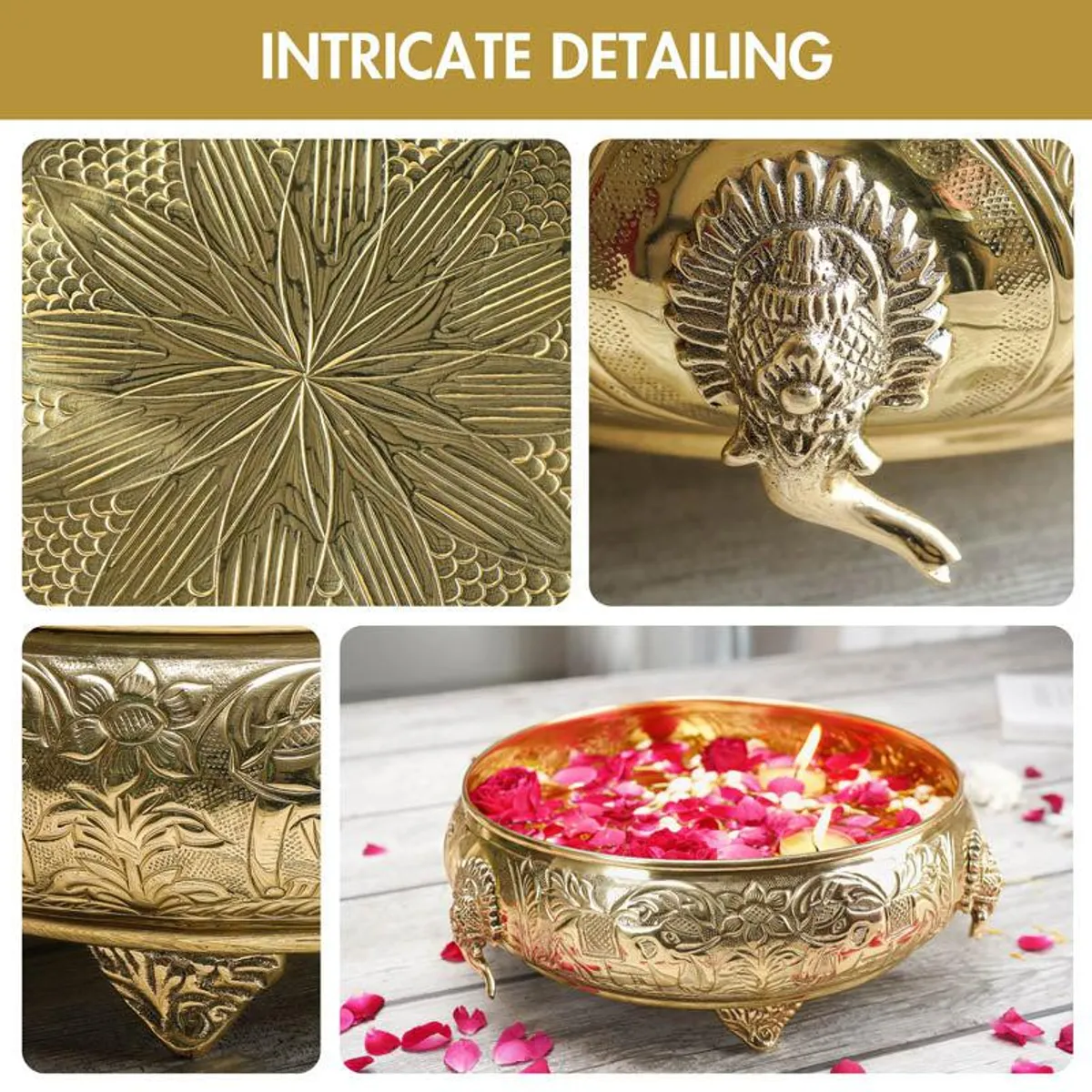 Close-up collage showing the urli's floral engravings, peacock motifs and decorative feet.
