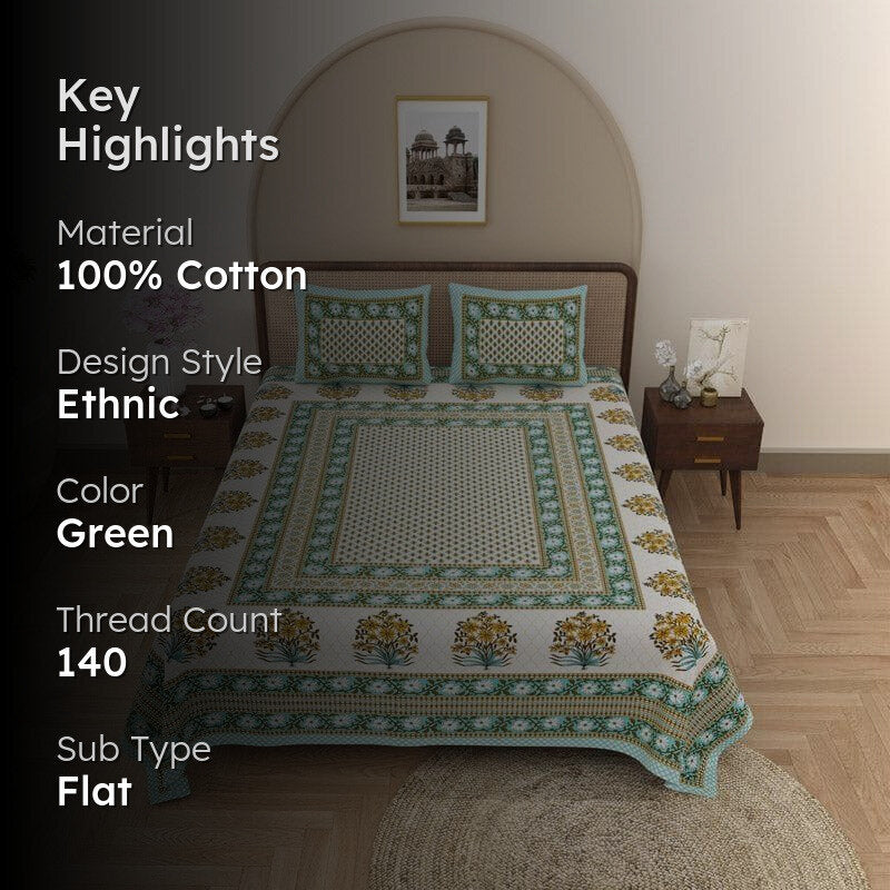 Prerna Ethnic Printed Cotton Bedsheet (Green) - 140 TC media 2
