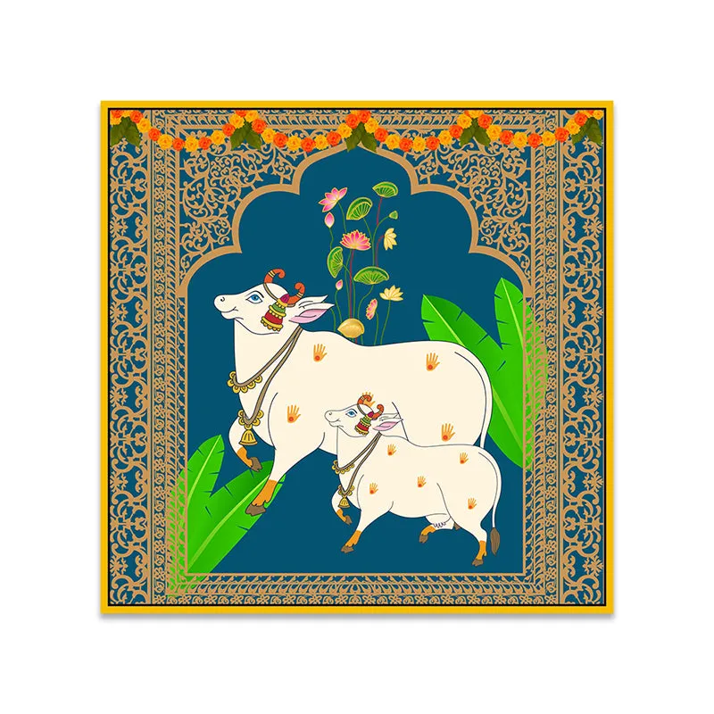 Calf's Care Canvas Wall Painting With Frame - Gold media 5