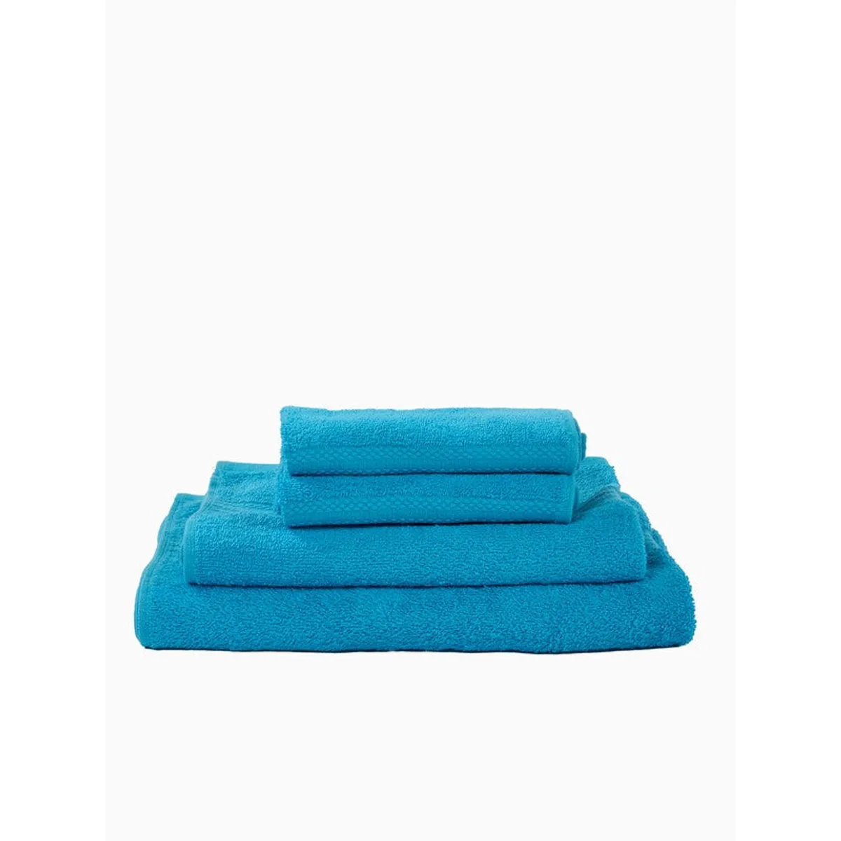 Folded sky blue towels stacked neatly on a white background.
