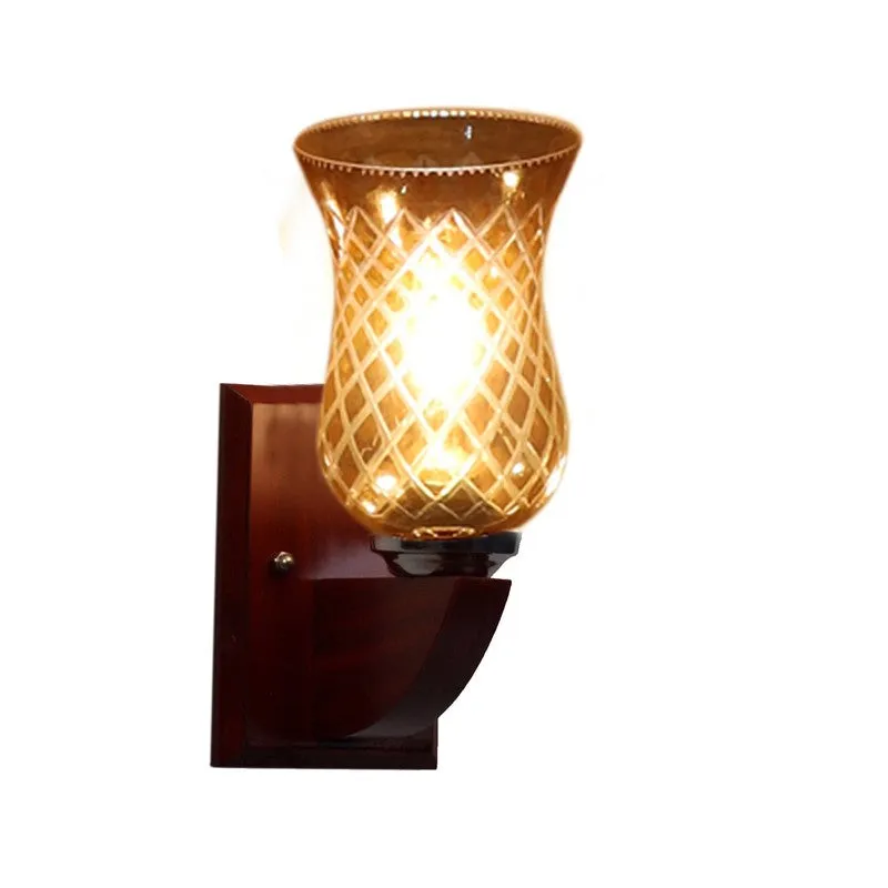 Honey Glow Decorative Walnut Base Glass Wall Lamp media 5