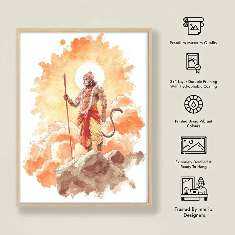 Sri Hanuman with Sun Aura I Archival Paper Wall Art - Natural Brown Frame media 8