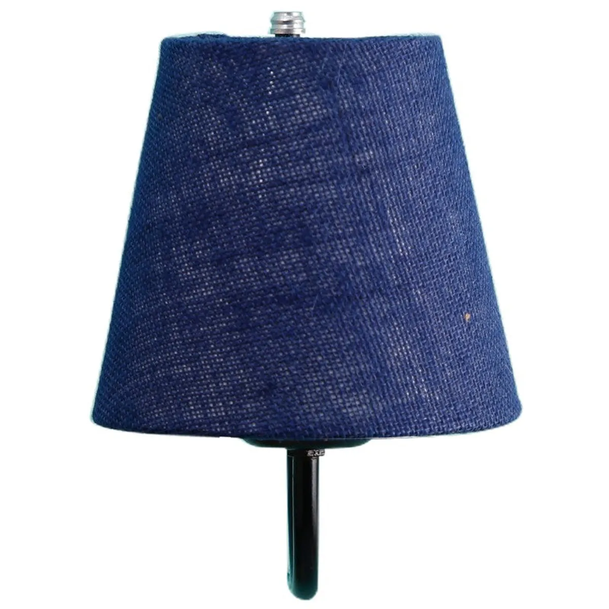Close-up of the blue jute lampshade and black metal arm