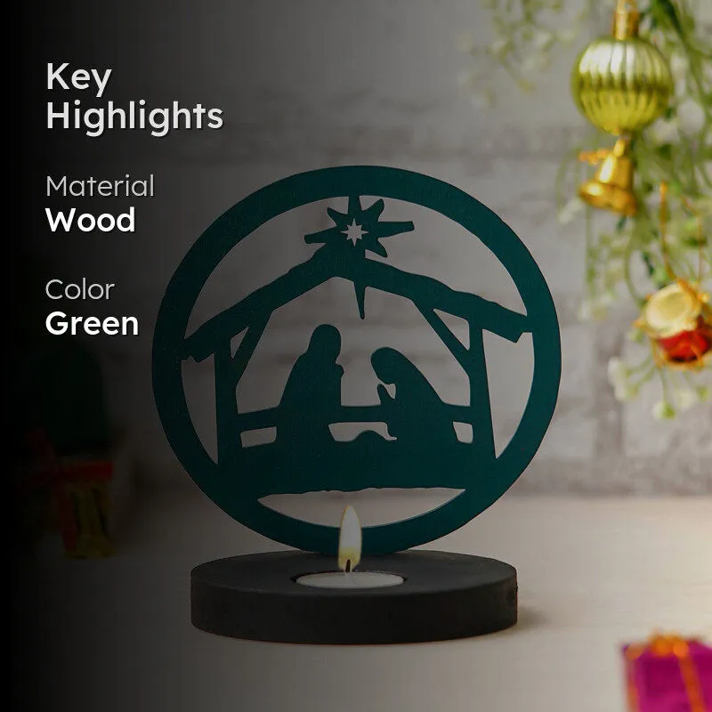 Manger Light Wood Christmas Tea Light Holder - Green media 2