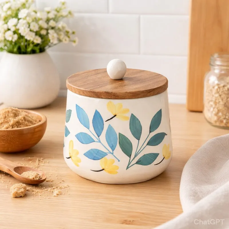 Meadow Glow Ceramic Storage Jar with Mango Wood Lid - 800 mL media 1