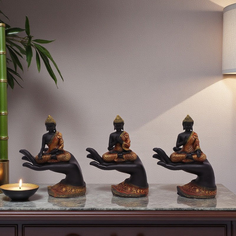 Meditating Buddha Polyresin Idol (Black) - Set Of Three