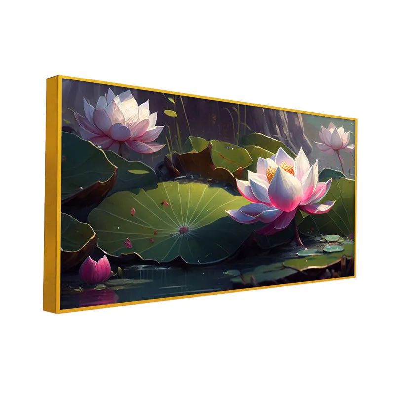 Chiaroscuro Lotus Floral Canvas Wall Painting With Frame - Gold media 3