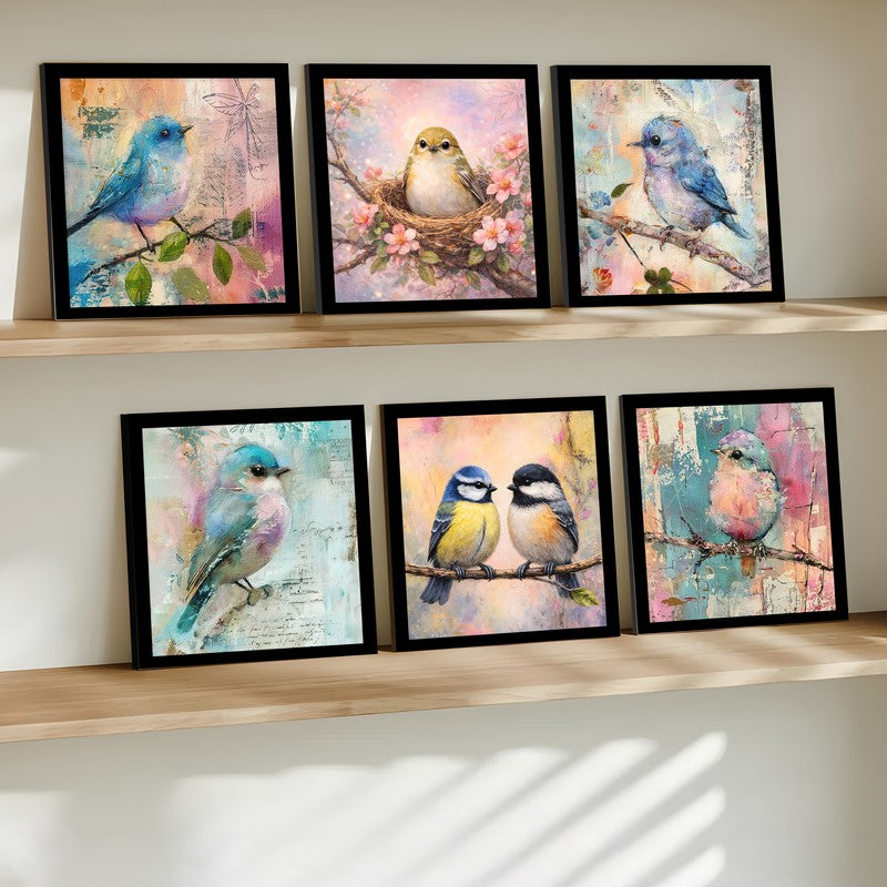 Dreamy Garden Birds Paper Wall Painting With Frame - Set Of Six media 3