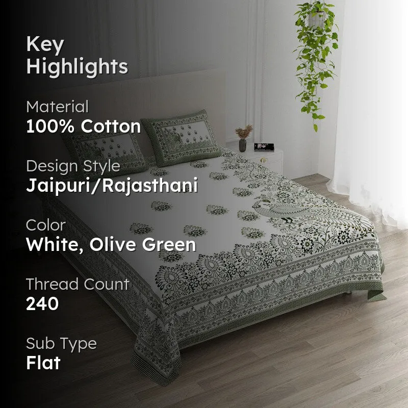 Nestor Cotton Bedsheet (White,Olive Green) - 240 TC media 2