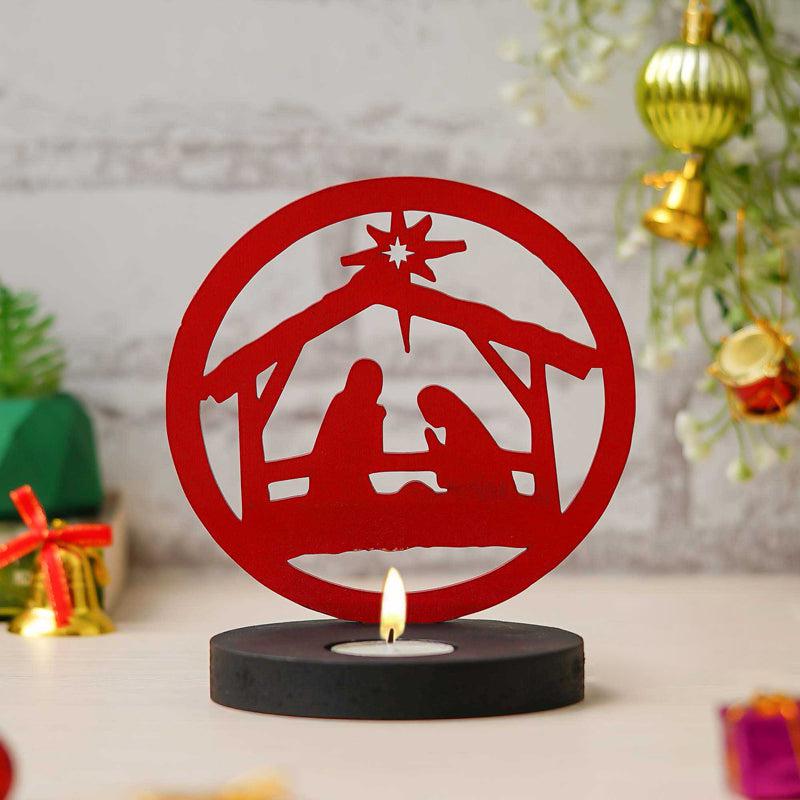 Manger Light Wood Christmas Tea Light Holder - Red