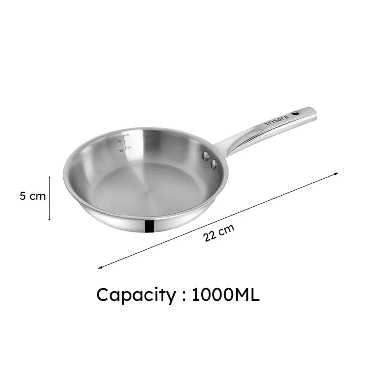 Silver frying pan shown with visible length and height measurement arrows