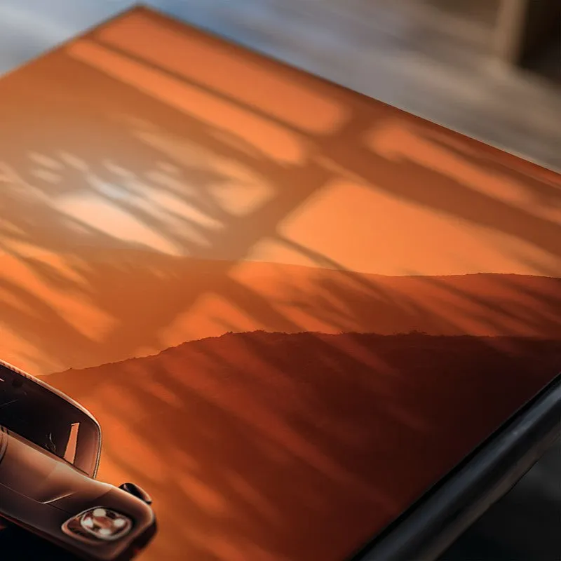 Close-up of poster with black sports car and orange sunset backdrop
