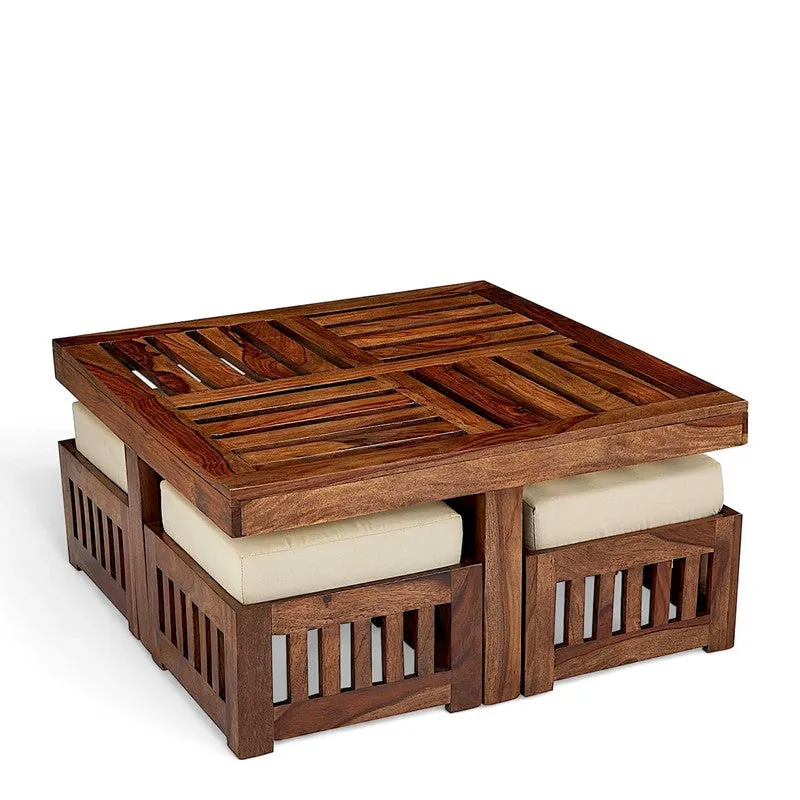 Gaviron Sheesham Wooden Center Table with Stools and Cushions (Brown) - Nine Piece Set media 6